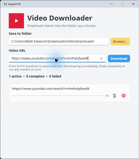 Video Downloader with an active YouTube download and individual log and cancel icons