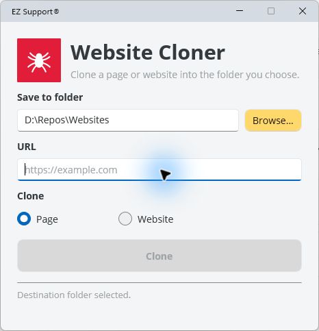 Website Cloner ready for a web address with Page mode selected