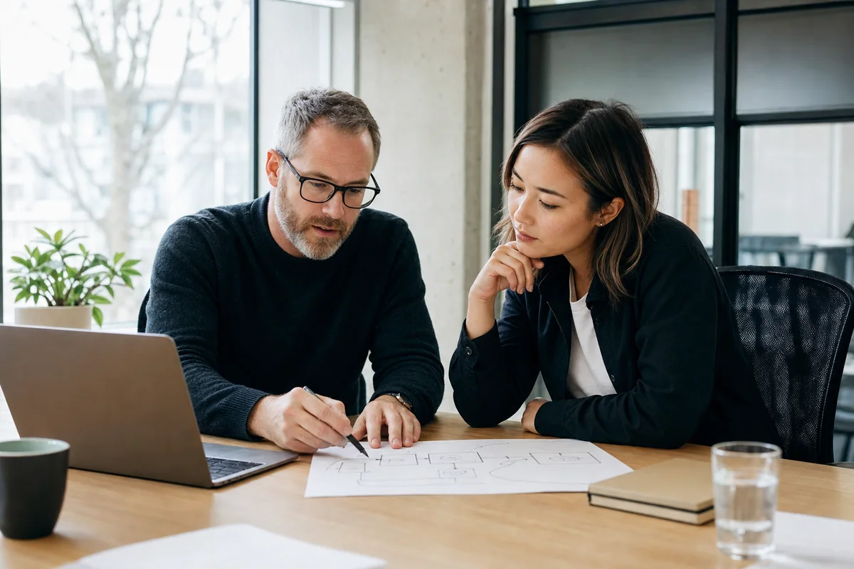 A business leader and IT specialist mapping an AI-assisted workflow