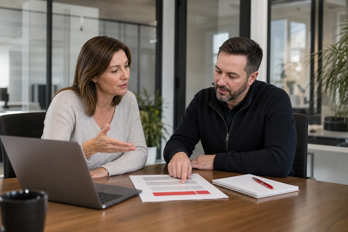 A business leader and IT specialist reviewing support options together
