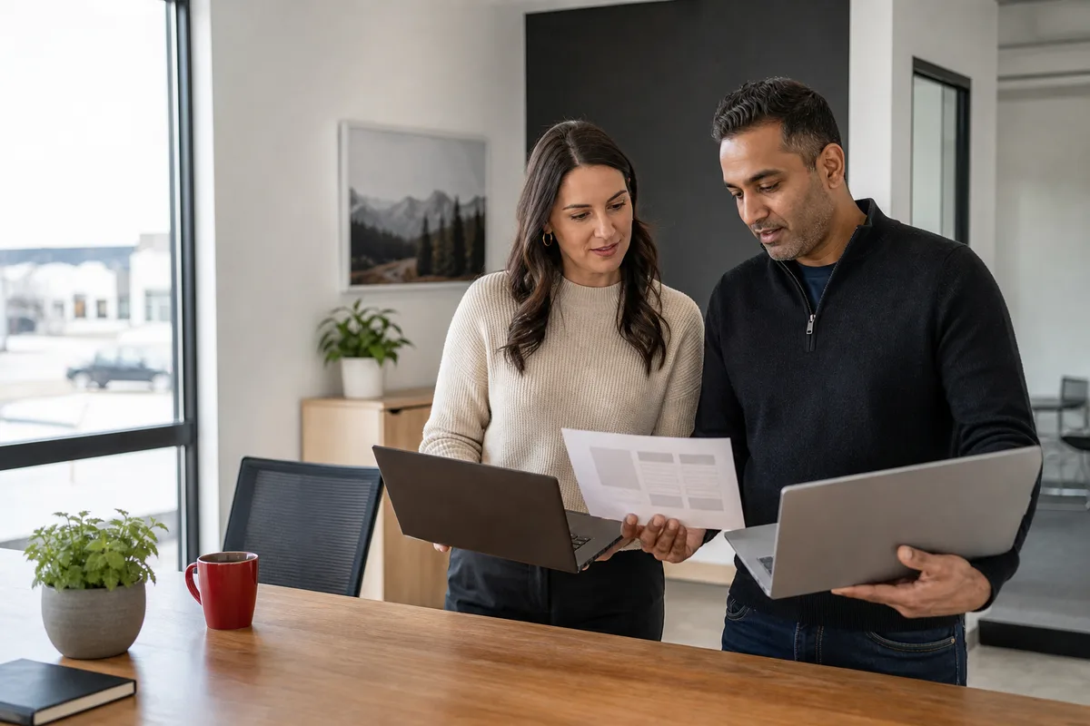 A business owner and IT specialist comparing laptop and lifecycle options