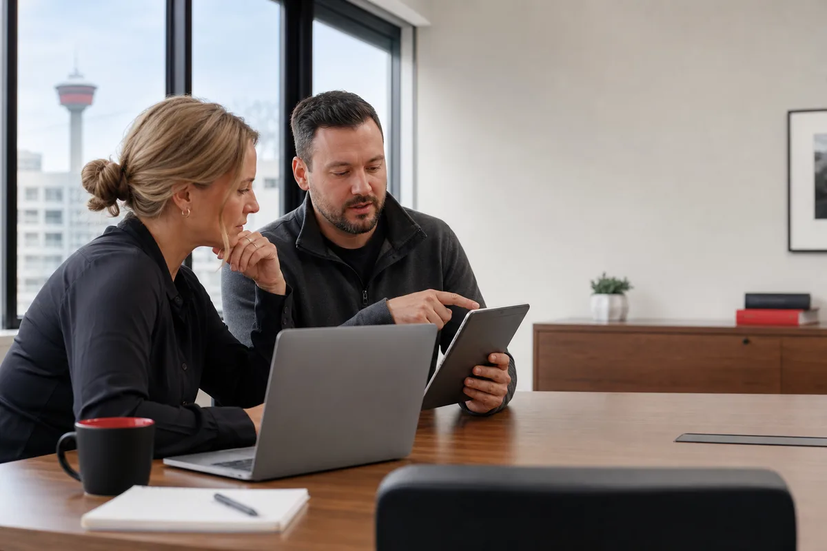 A business leader and security specialist reviewing assessment scope and findings
